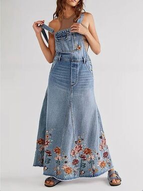 Free People x Driftwood Sammy Garden Skirtall Denim Floral Embroidered Dress Med